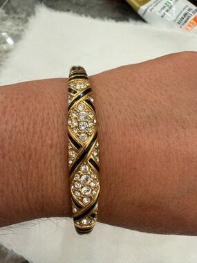 Vintage Swarovski hinged bangle bracelet Gold tone signed Swarovski & Swan Logo
